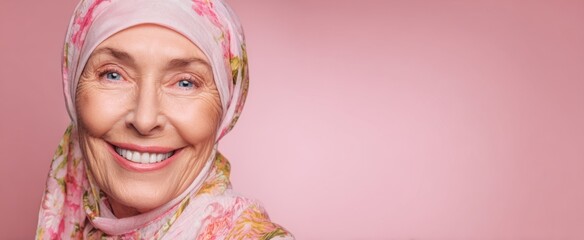 The smiling senior woman in a floral headscarf against a pastel pink background