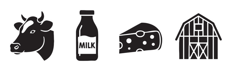 Farm related icons including cow, milk bottle, cheese wedge, and barn in silhouette style © Mahima