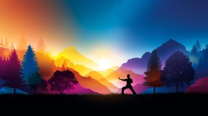 Fototapeta premium Vibrant Wellness Landscape with Mountain Backdrop at Sunrise for Tranquil Moments