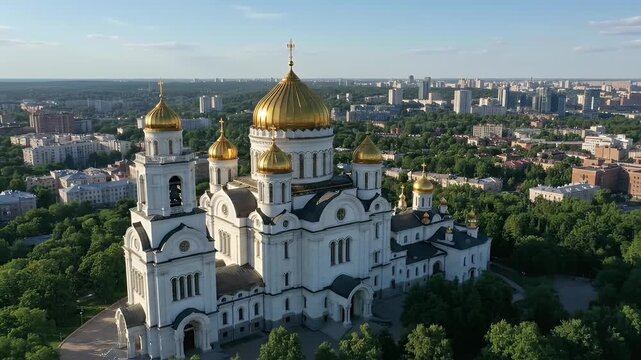Stunning aerial view of a majestic white Orthodox cathedral with gleaming golden domes, surrounded by lush green urban parkland on a clear sunny day.