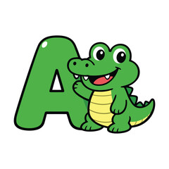 Obraz premium Cartoon Alligator Embracing Letter A in Green, Illustration, Funny Scene, Alphabet, Children's Theme