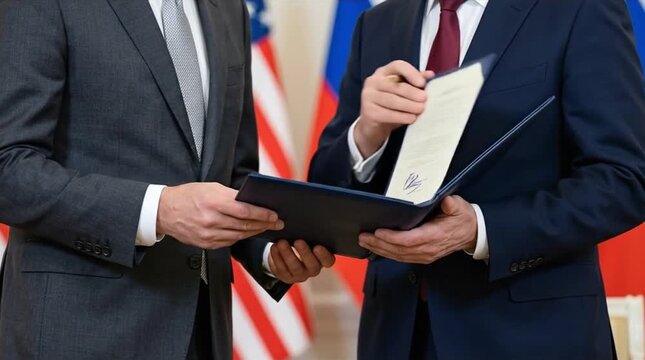 Formal Business or Diplomatic Document Exchange: Two Men in Suits Reviewing an Official Agreement with Seal