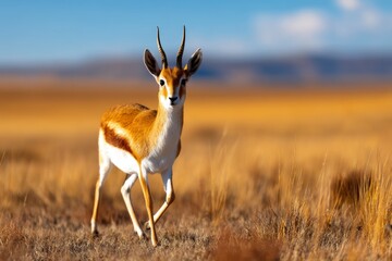 Antelope in Mid Stride After Sensing Danger in Freezing Terrain Under Bright Sky
