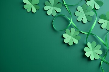 St. Patrick's Day background. Paper clover leaves and green satin ribbon on a green background