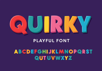 Fototapeta premium Playful Colorful Comic Style Font Vector Alphabet with 3D Rainbow Letters Numbers and Symbols for Creative Action Graphic Design and Kids Projects