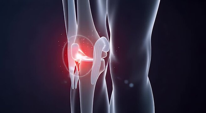 3D render of a transparent human knee joint anatomy with a bright red glowing spot indicating localized pain or inflammation on a dark background