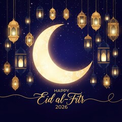 A vibrant celebration of eid al-fitr with a large crescent moon and illuminated lanterns