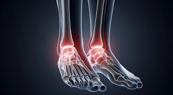 Detailed 3D Medical Illustration of Human Feet and Ankle Bones with Visible Red Pain Points on a Dark Background