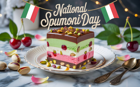 A slice of layered spumoni cake on a white plate with Italian flags and decorations