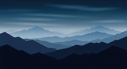 Serene and Mysterious Mountain Landscape in Blue Tones with Gentle Cloudy Sky