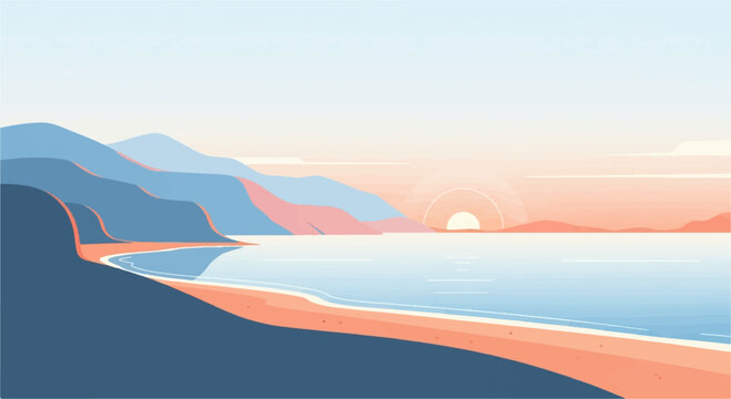 Pixelated coastal landscape with mountains and a tranquil ocean at sunset