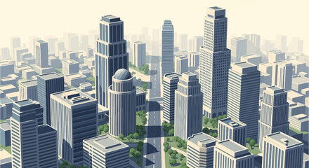 Obraz premium Pixelated cityscape with towering modern architecture under a hazy sky