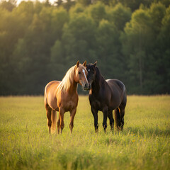 Obraz premium Two Horses Bonding in a Golden Meadow