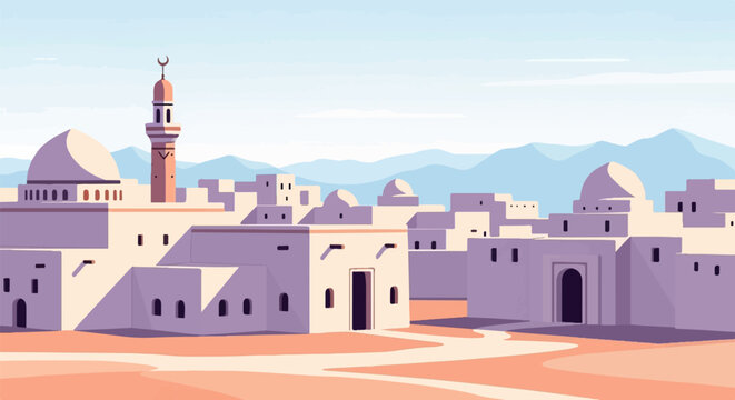 Pixel art depiction of a traditional desert town with mosque