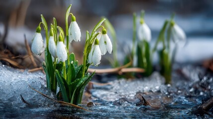 Fresh Snowdrops Blooming Through Melting Snow in Early Spring