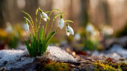 Delicate Snowdrop Flowers Emerging Through Frosty Ground at Sunrise