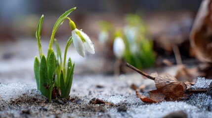 Snowdrop Flowers Emerging from Melting Snow in Early Spring Landscape