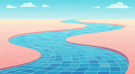 Obraz premium Pixelated blue river winding through a peach-colored landscape under a clear sky