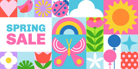 Obraz na płótnie Canvas Spring sale banner, flyer, poster. Geometric vector background with colorful spring blossom flowers, sun, leaves