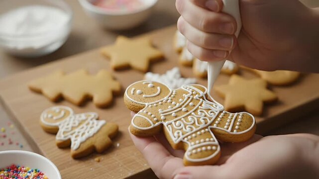 Decorating Gingerbread Cookies with Icing: A Festive Holiday Activity Featuring a Hand Frosting a Cheerful Gingerbread Man on a Wooden Table with Colorful Sprinkles.