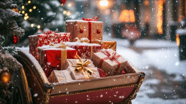 Decorative sleigh filled with wrapped gifts and garland parked in snow-covered outdoor area with holiday trees and lights. Generative by AI