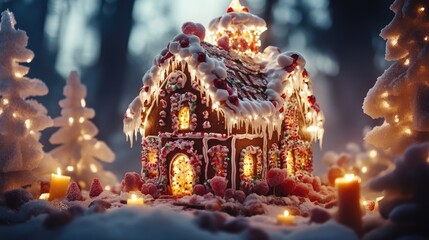 Fototapeta premium Gingerbread house decorated with candy, frosting, and lights sits in snowy miniature landscape with glowing candles. Generative by AI