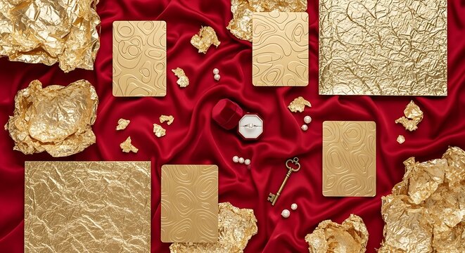 Celebrating Chinese New Year with gold ingots, envelopes, keys on red fabric