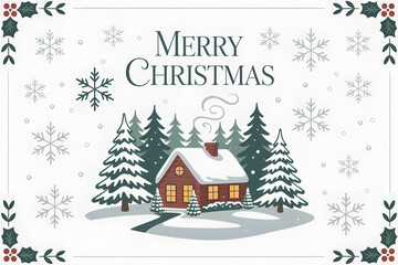 Fototapeta premium Merry Christmas text with trees and a house