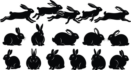Black silhouette collection of cute rabbits and hares in different poses like running jumping and sitting isolated on white background for Easter vector designBlack silhouette collecti © MdNurul