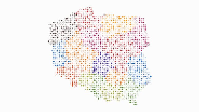 Poland animated country shape. Pulsating colored dots on the map of the country. Small size circle blocks. Digital style Poland map on white background. Simple animation video.