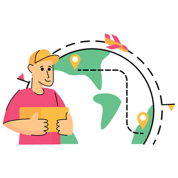 Courier holding parcel with map route behind