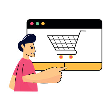 Cartoon man pointing at shopping cart on screen