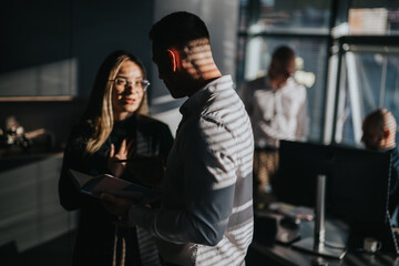 Business people review documents in a sunlit office. Two colleagues discuss a notebook while others work in the background.