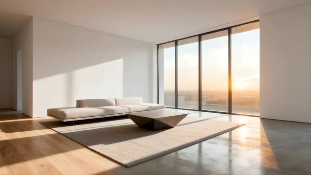 Modern living room in a luxury apartment featuring an empty open space with parquet floor, new furniture, and large window design in a new indoor home architecture