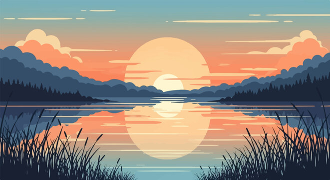 Pixelated sunset over tranquil lake with silhouetted trees and reeds
