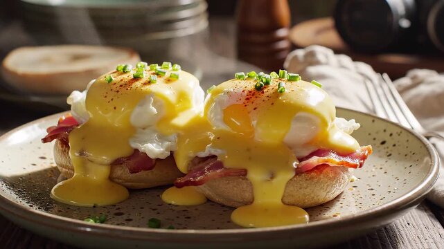 Two eggs benedict with hollandaise, bacon, and toast