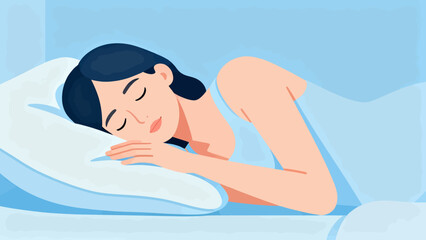 A woman is sleeping on a bed with a pillow. The pillow is white and the bed is blue