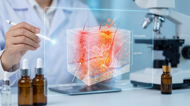 Fragmented collagen, damaged skin cells, and epidermis and dermis layers are shown in scientific laboratory setting, highlighting skin health and aging concerns