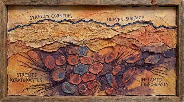 Stratum corneum uneven surface stressed keratinocytes inflamed fibroblasts damaged skin cells concept