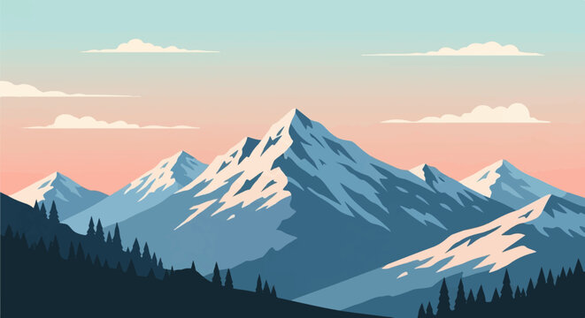 Pixelated mountain range with snow caps under a pastel sky