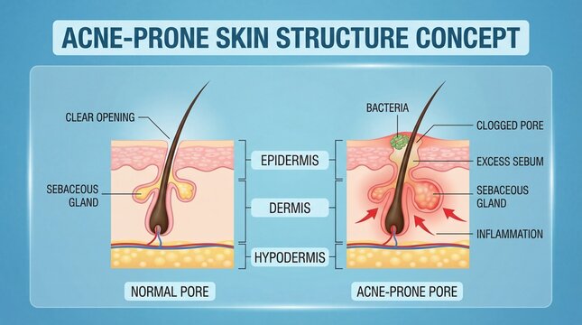 Normal pore acne prone pore epidermis dermis hypodermis sebaceous gland clogged pore excess sebum inflammation bacteria skin structure
