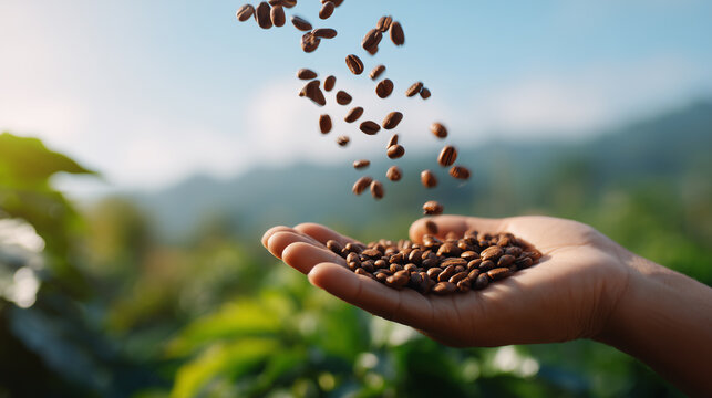 Hand holding roasted brown coffee beans falling in mid air over organic coffee plantation with green leaves and mountains. 