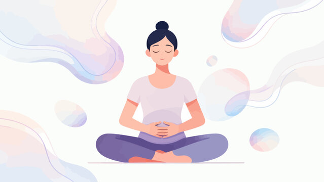 A woman is sitting cross legged on a mat with her hands on her stomach. She is in a relaxed state of mind