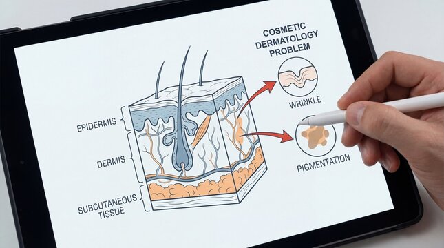 Skin epidermis dermis subcutaneous tissue wrinkle pigmentation cosmetic dermatology problem diagram illustration digital