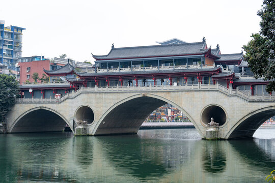 Anshun Covered Bridge over Jinjiang River in Chengdu, Sichuan, China