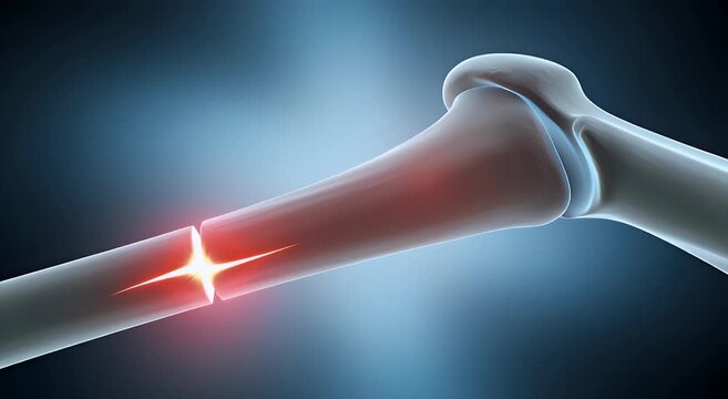 Digitally rendered image depicting a fractured human bone with a glowing red break, illustrating skeletal injury and bone health concepts.