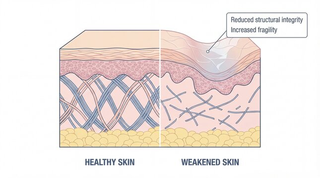 Healthy skin weakened skin collagen fiber elastin epidermis dermis subcutaneous structure fragility damage aging problem skin