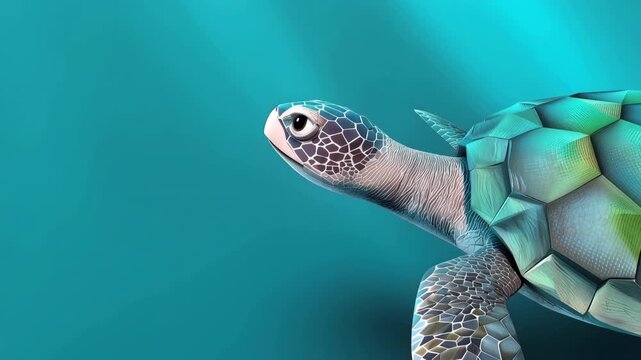 Stylized 3D sea turtle swims across turquoise water background with gentle fin stroke motion