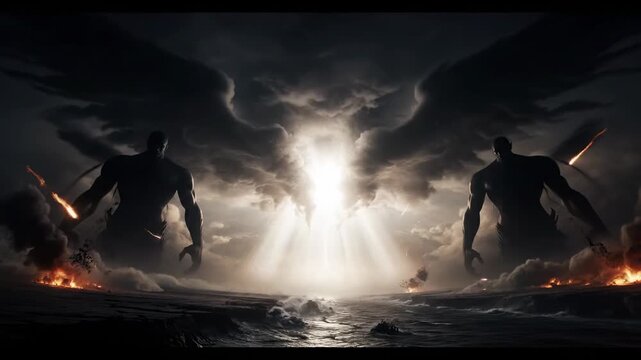 A dramatic depiction featuring two humanoid figures with lightning crackling around them, facing a bright light amidst a stormy sky. The scene is of a landscape