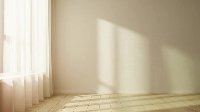 Afternoon light on a pastel-painted textured wall in an empty living space A locked camera view focused on the interplay of diffused afternoon sunlight and soft shadows on a minimalist,